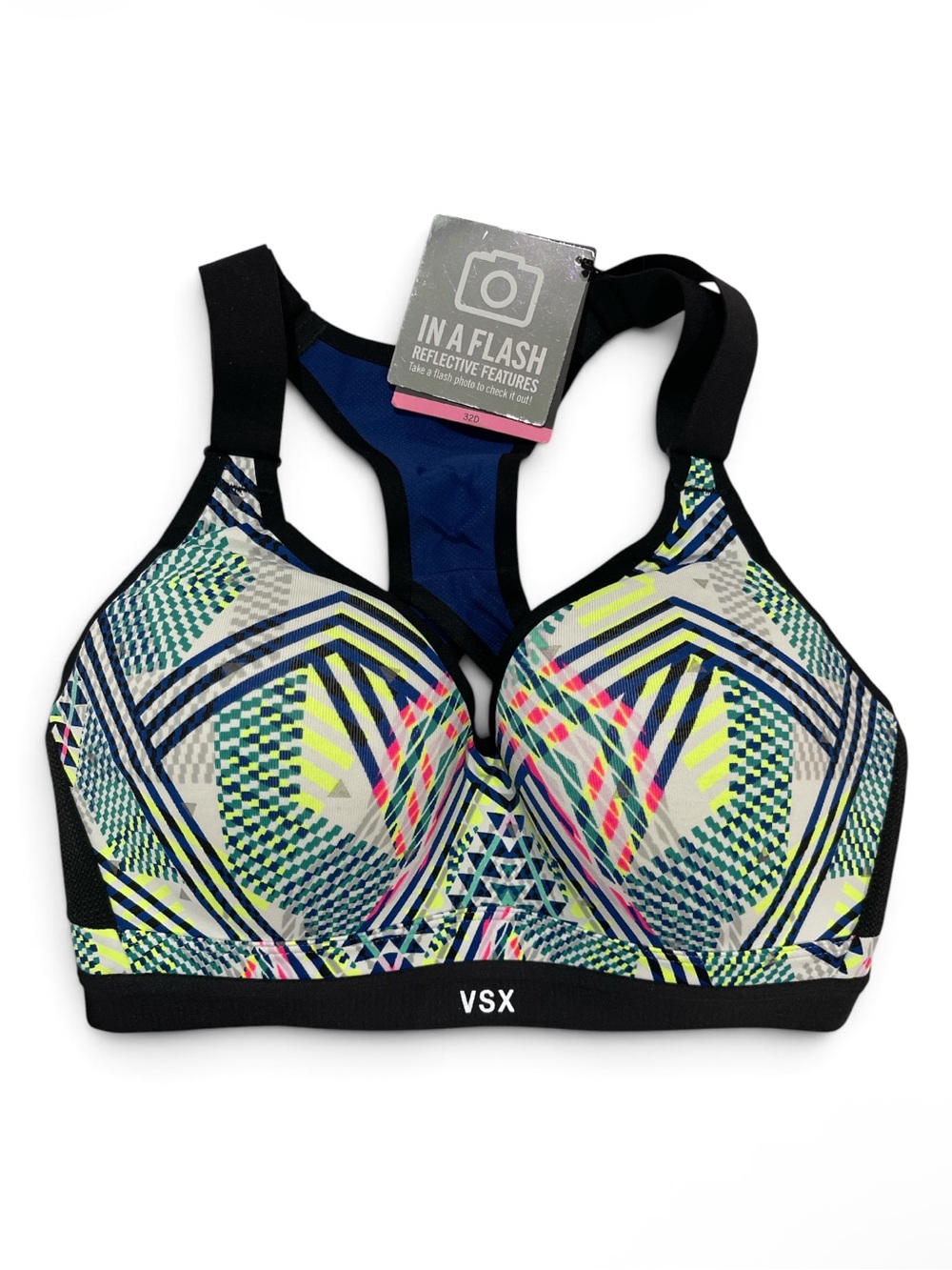 VSX Sport Incredible Sports Bra Neon Geo Print Black Racerback | 32D | NWT